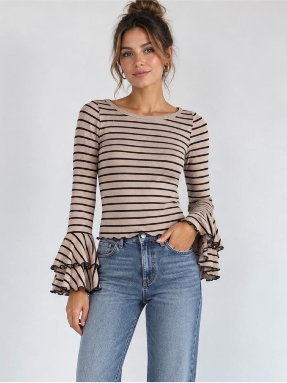 We the Free Grey Striped Bell Sleeve Ruffle Top XS Boho Indie Cute